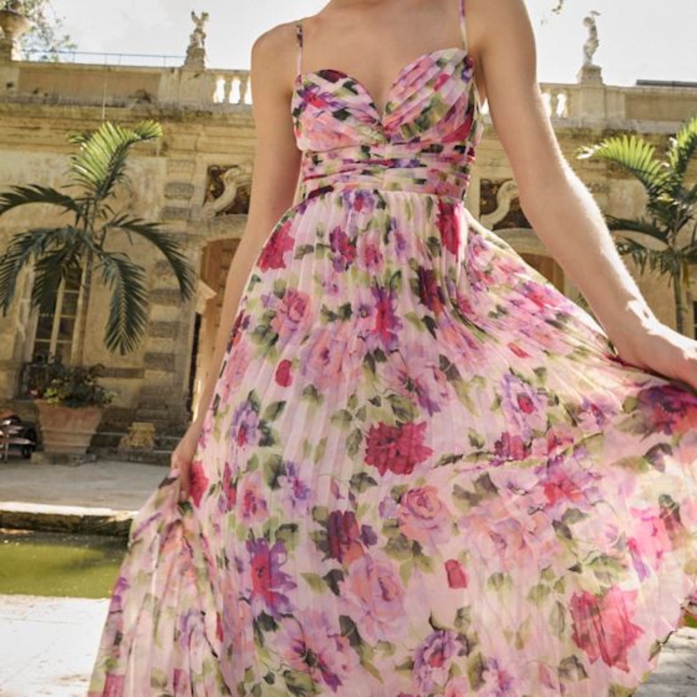 Lulus Samika Pink Multi Floral Satin Pleated Maxi Dress - Size L